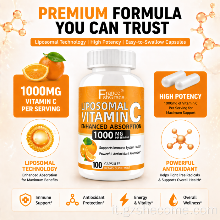Supporto antiossidante in capsule di vitamina C liposomiale Shecome